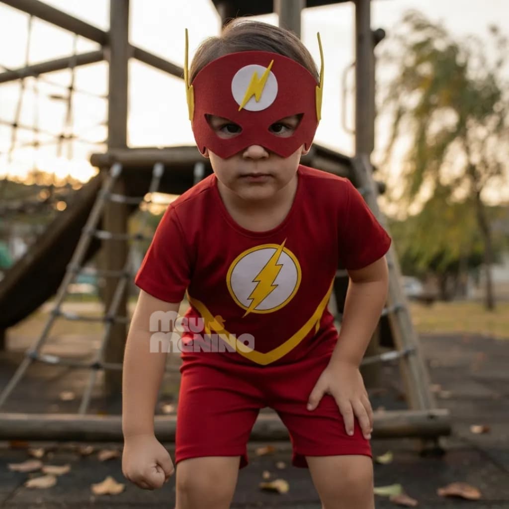 Fantasia Infantil Flash Short Com Mascara de Tecido Carnaval