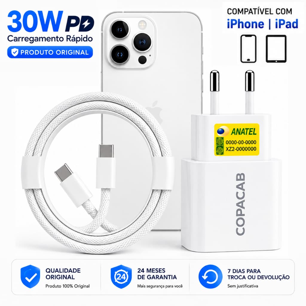 Carregador 30W PD Tipo C Turbo Original com Cabo USB-C de carregamento rápido,Para iPhone 15Plus 16e 17 18 Pro max iPad
