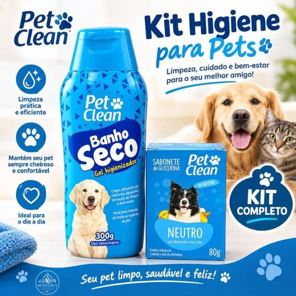 Kit Higiene Pet Banho a Seco Pet Clean 300g + Sabonete Glicerina Pet Clean Para Cachorro Cães Gatos Higiene e Limpeza