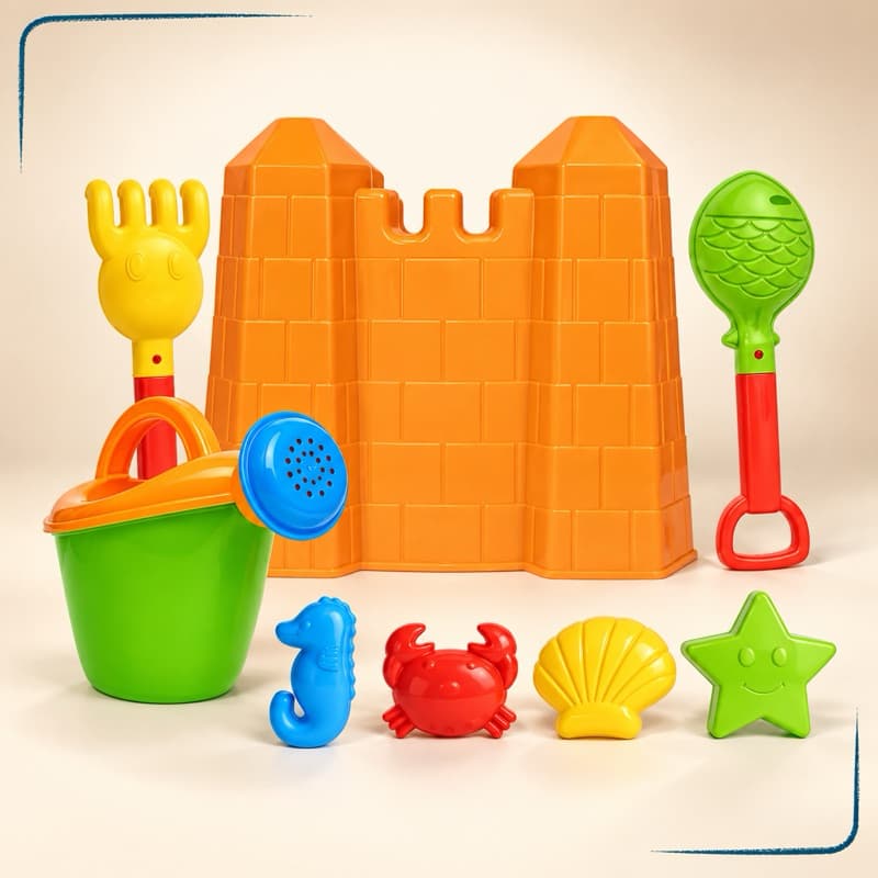 Beach Play Kit Brinquedo Praia Castelo de Areia + Regador 8 Peças Moldes Seguros e Duráveis para Brincadeira Infantil