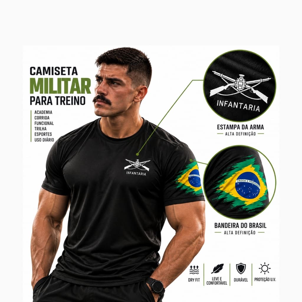 Camisa Militar Treino Esporte Tecido DryFit Camisa com o Brazão da sua QM + Bandeira do Brasil