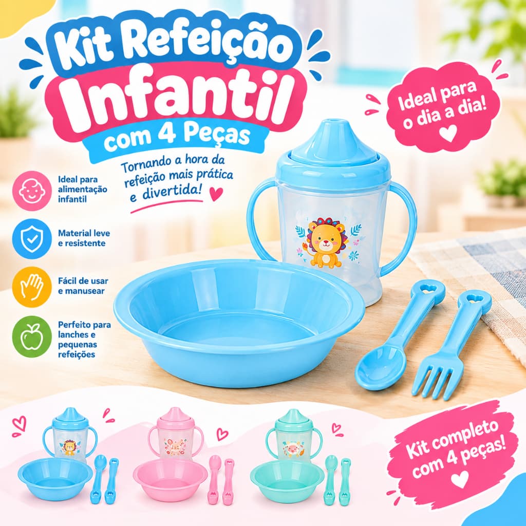 Kit Refeição Alimentação Infantil Prato Copo Garfo Colher Plástico Crianças Escola Viagens Passeio