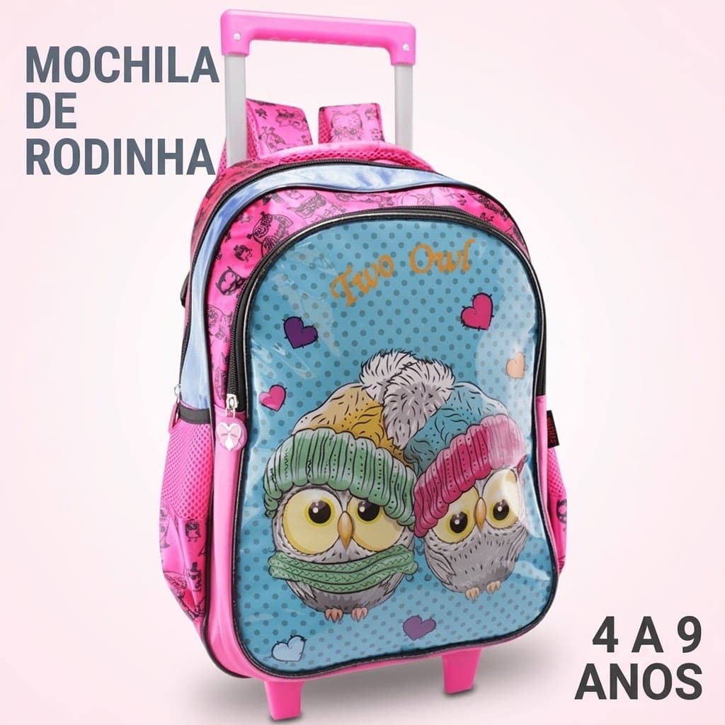 Mochila Escolar Infantil De Rodinhas Coruja Rosa Menina 4 a 9 Anos