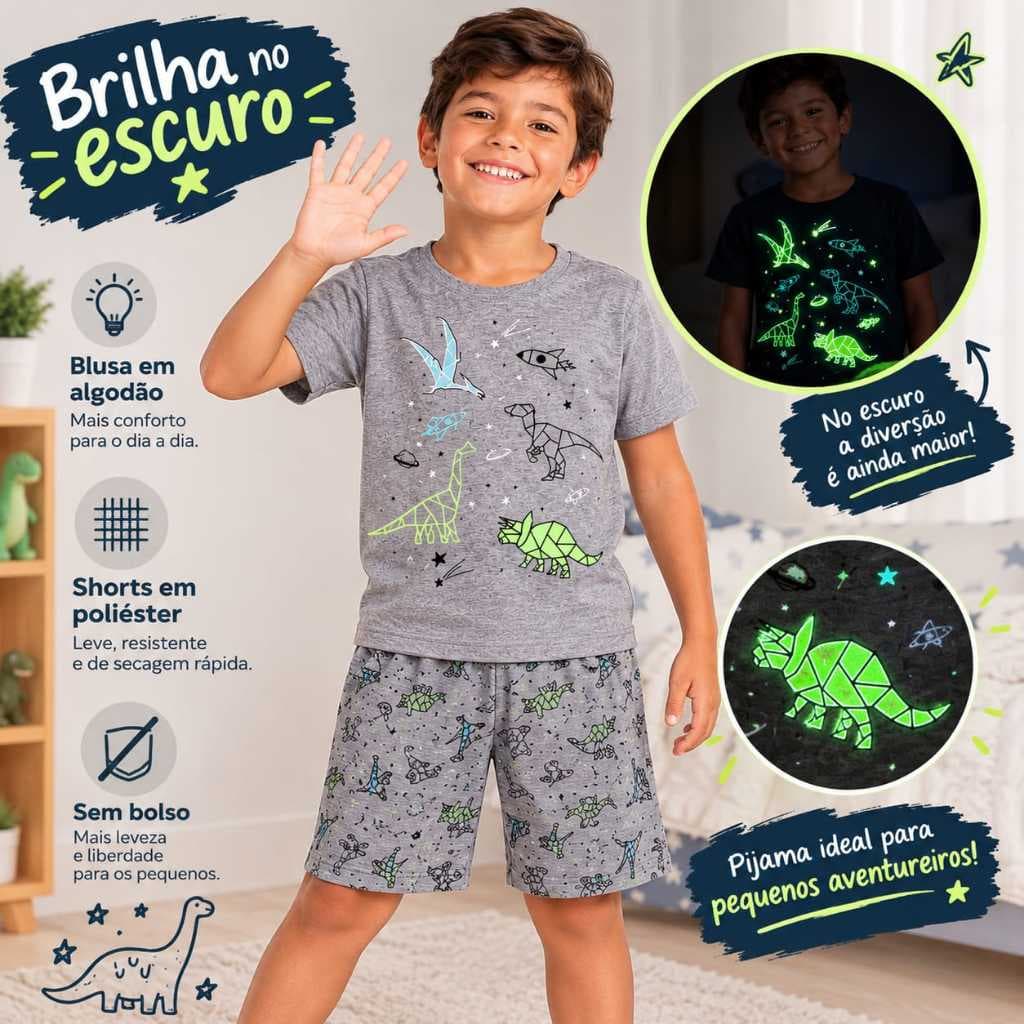 Conjunto pijama infantil verão tema Dinossauros tamanhos 1 ao 8 shorts + blusa manga curta confortavel
