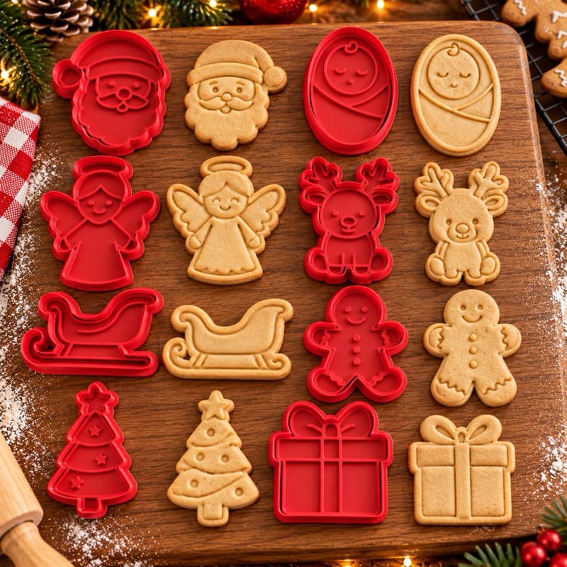 Kit 8 Cortadores de Biscoito Natalino – Papai Noel, Anjo, Rena, Árvore e Presente COM PUXADOR