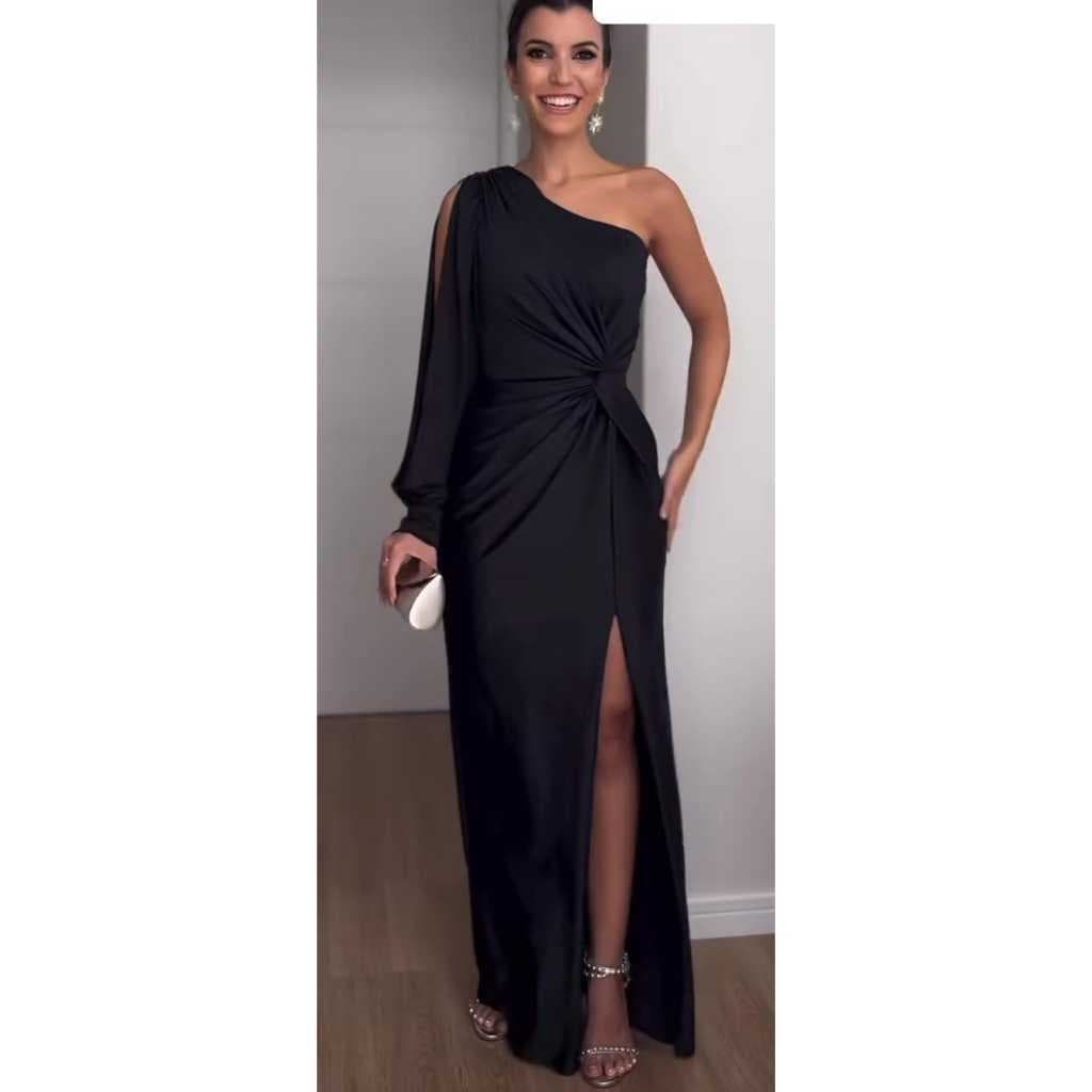 Vestido de inverno longo luxo Uma Manga Só Longa Nozinho noivas de casamento sem transparência caimento luxuoso rosa