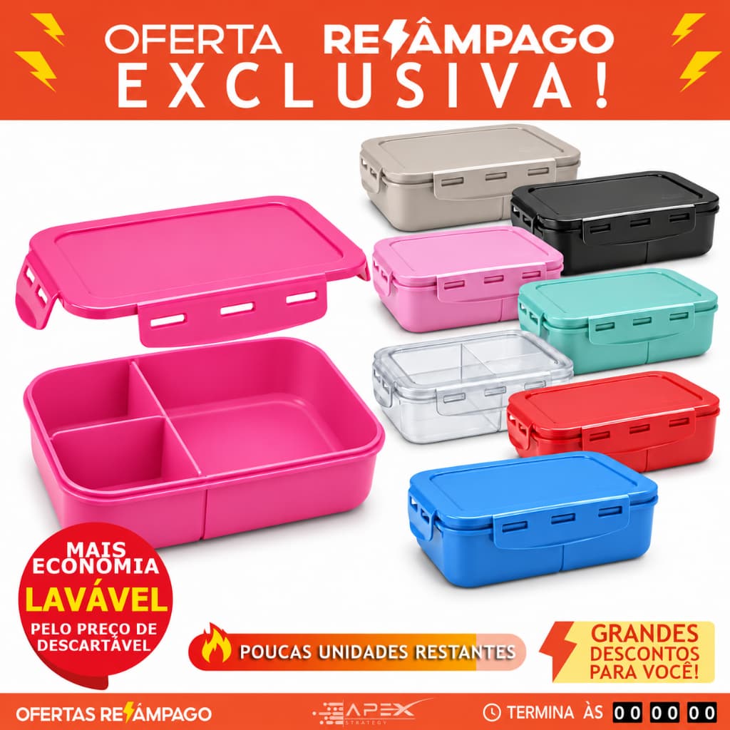 Marmita Hermética lavável 1250ml 3 Divisórias várias cores BPA Free Freezer Microondas Lava Louças