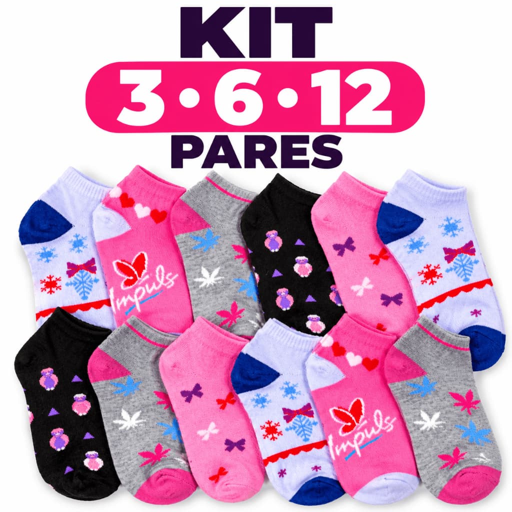 Kit 3 6 ou 12 Pares Meia Feminina Soquete Cano Baixo Estampada Cores Sortidas 35 ao 42