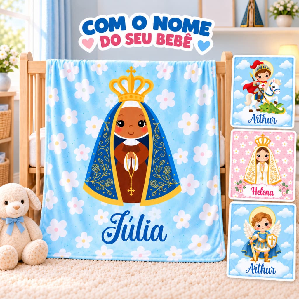 Manta Bebê Personalizada com Nome em Malha Tipo Cueiro – Santos e Nossa Senhora