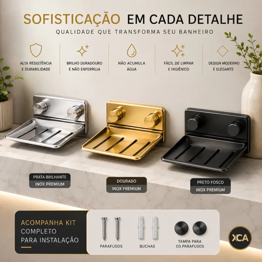 Saboneteira Inox Porta Sabonete Banheiro Parede Luxo Fixação Fácil Dourado  Preto