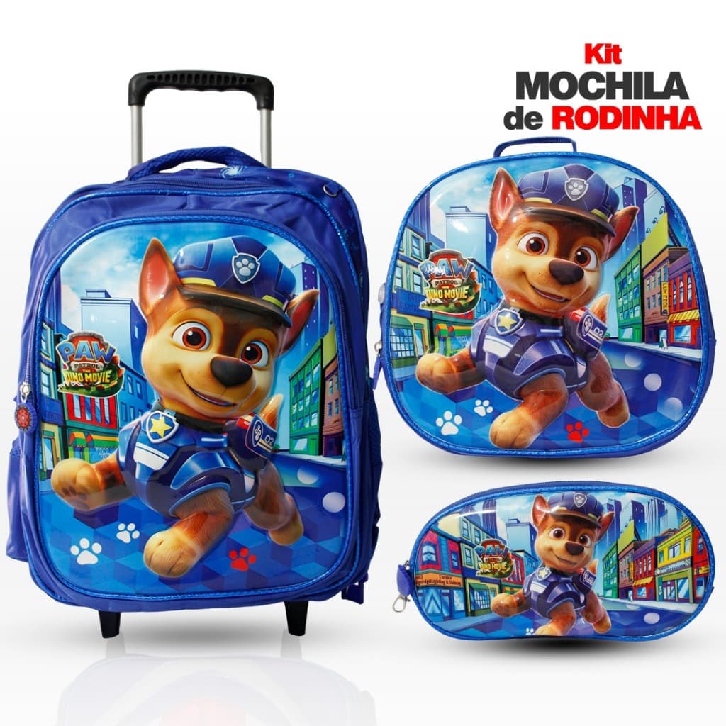 Kit Mochila Escolar PATRULHA CANINA 3D Com Rodinhas Lancheira Térmica e Estojo