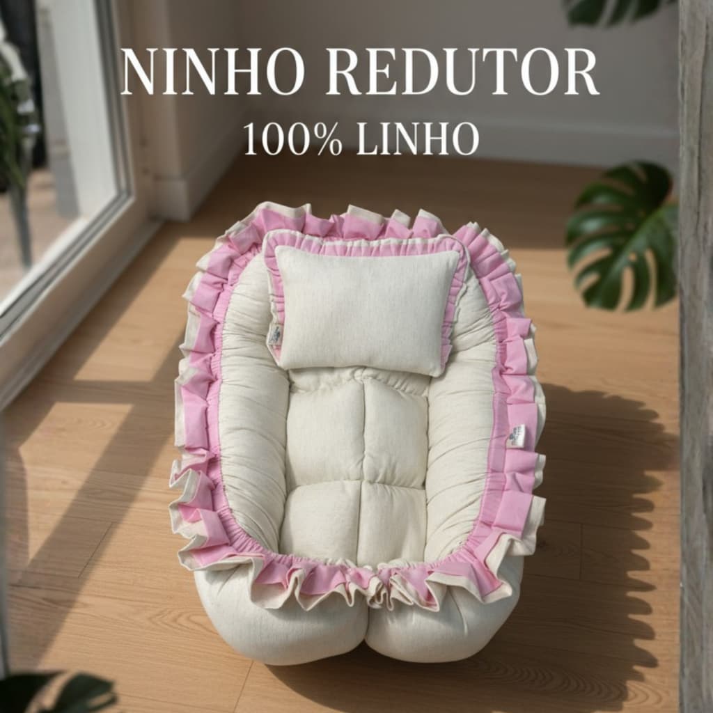 Ninho Redutor de Berço Luxo 100% Linho com Babado – Segurança para Recém-Nascido – Enxoval Premium
