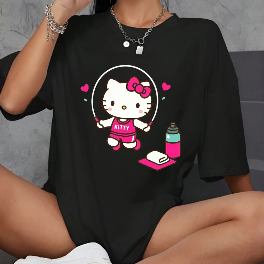 Camiseta Feminina Blusa Hello Kitty Pulando Corda Jump Fitness Para Treino Academia