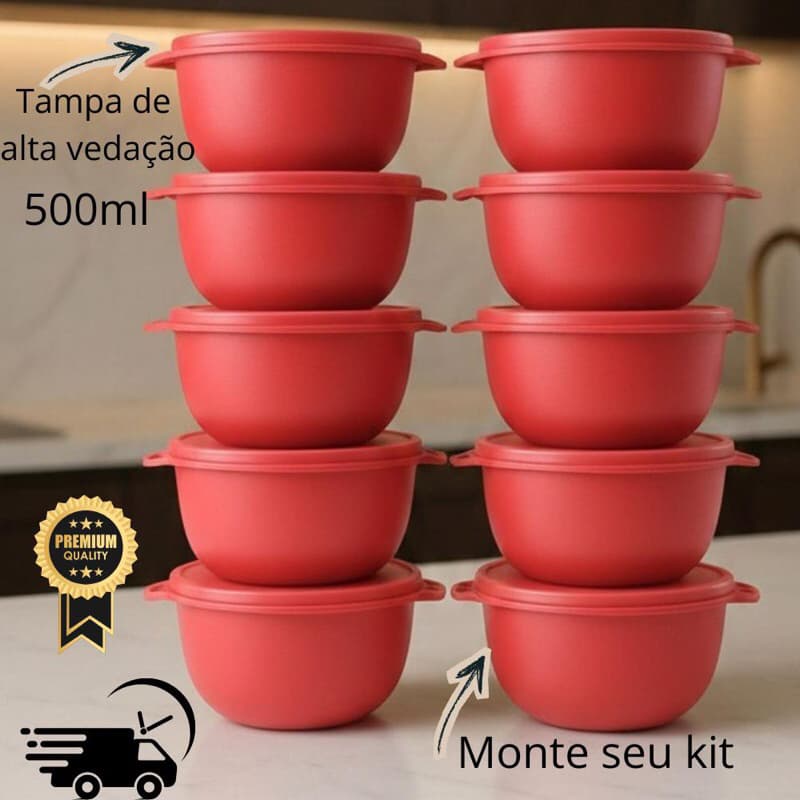 Kit Potes Rosa Vermelho Preto e Azul Alta Vedação Organiza a Cozinha Bowl Boll Marmita Marmitinha BPA Free