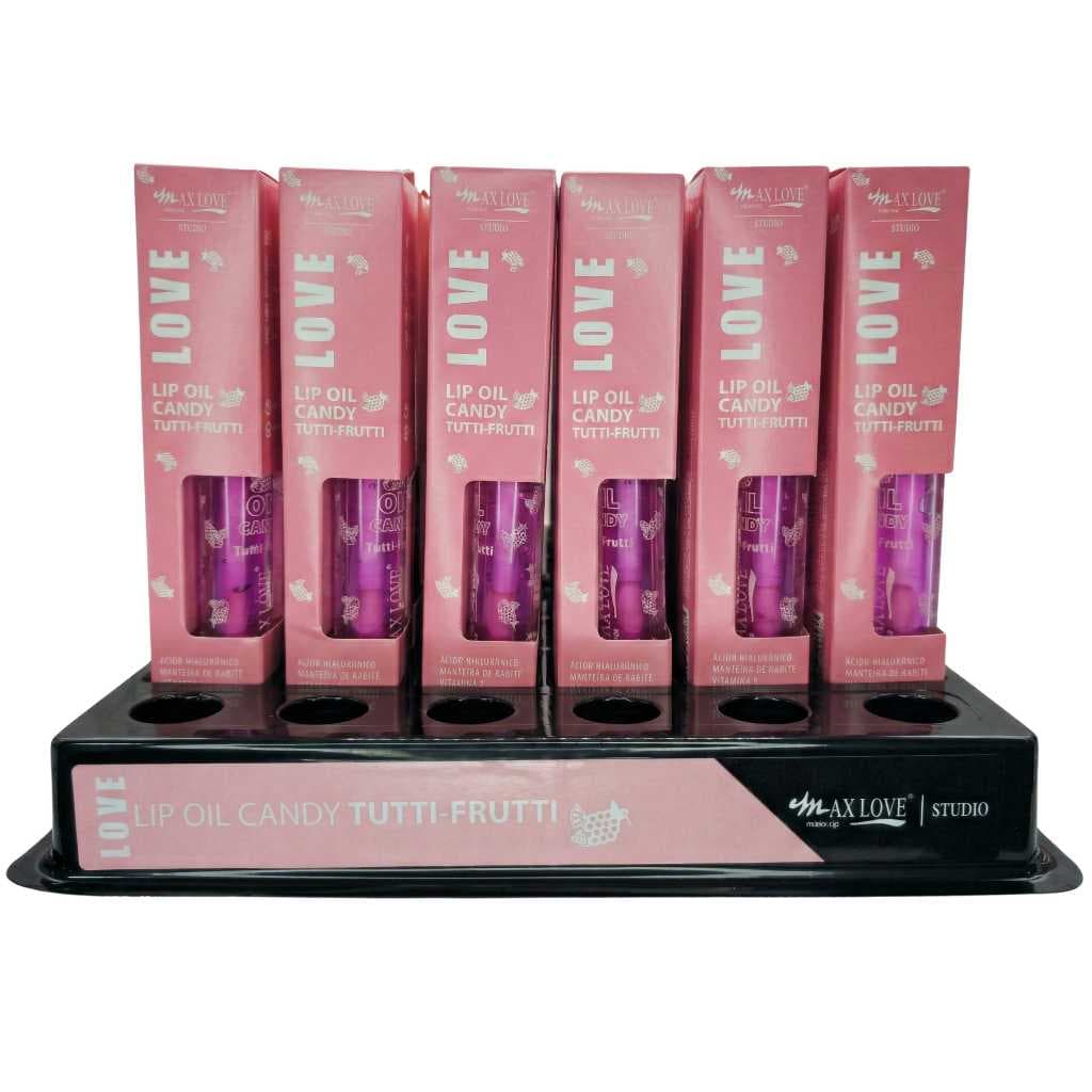 BOX C/ 36 LIP OIL CANDY TUTTI FRUTTI MAX LOVE — HIDRATAÇÃO INTENSA E BRILHO ESPELHADO