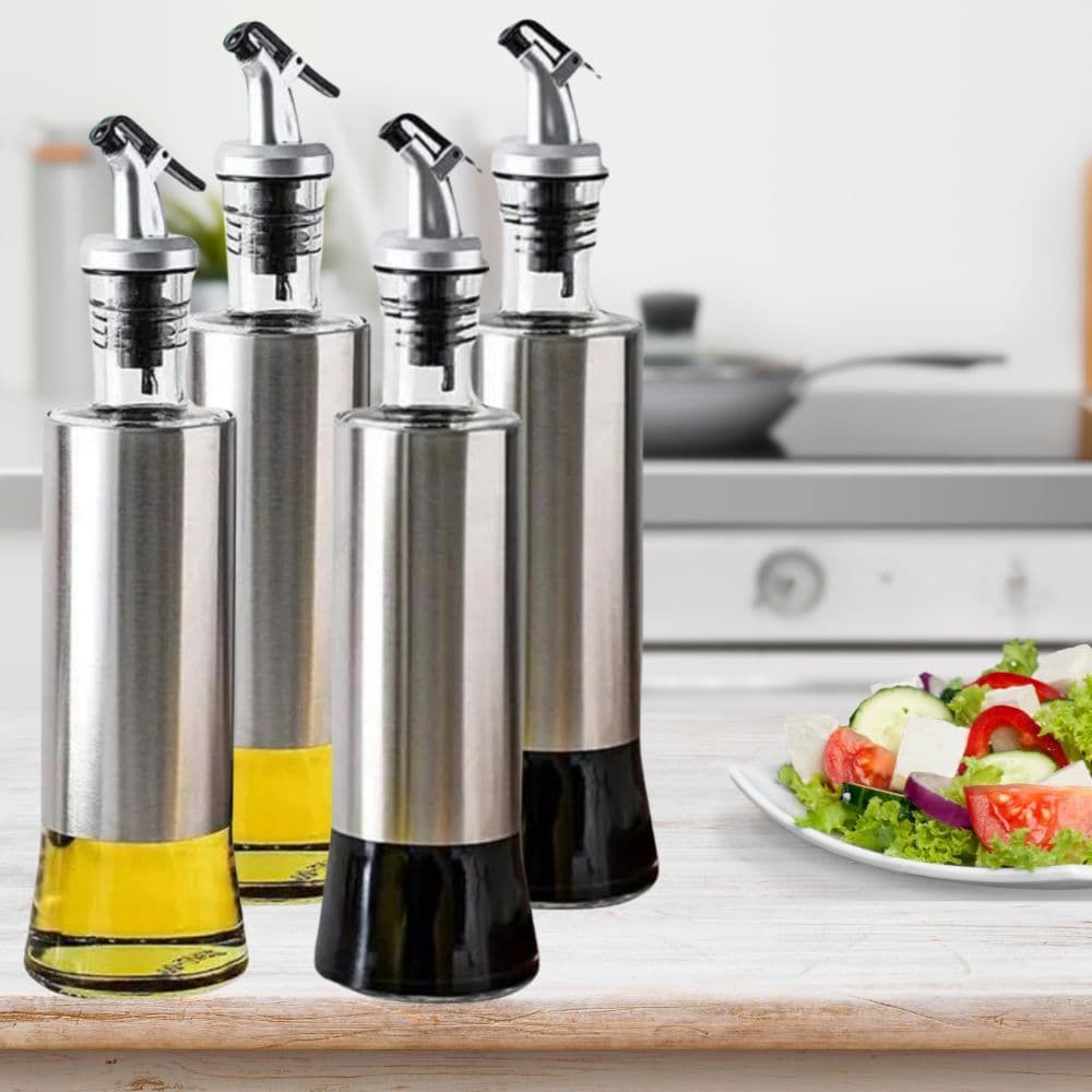 Kit Galheteiro 500ml Porta Azeite e Vinagre de Vidro Premium e Aço Inox com Dosador 500ML - 2/3/4 Peças