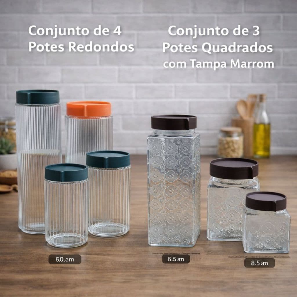 Conjunto 4 Potes Redondo de Vidro com Tampa Conjunto 3 Potes de Vidro - Marrom Armazenar Café Açúcar