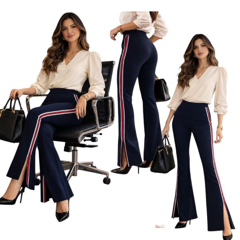Calça flare feminina com fendas nas laterais, elástico no cós disponível em 3 cores: preto, azul marinho e branca