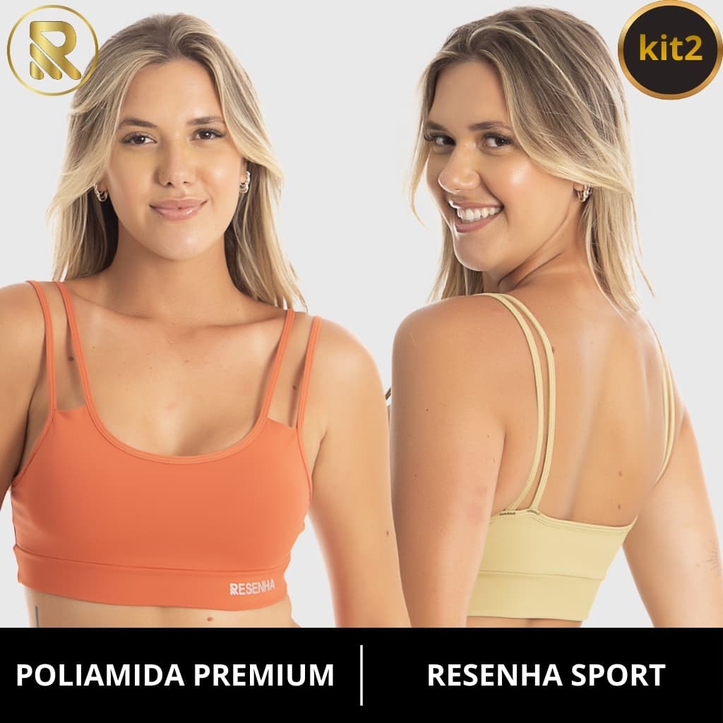 Kit 2 Tops Poliamida Premium Original Resenha Sport Fitness Alça Dupla Sem Bojo Academia Conforto