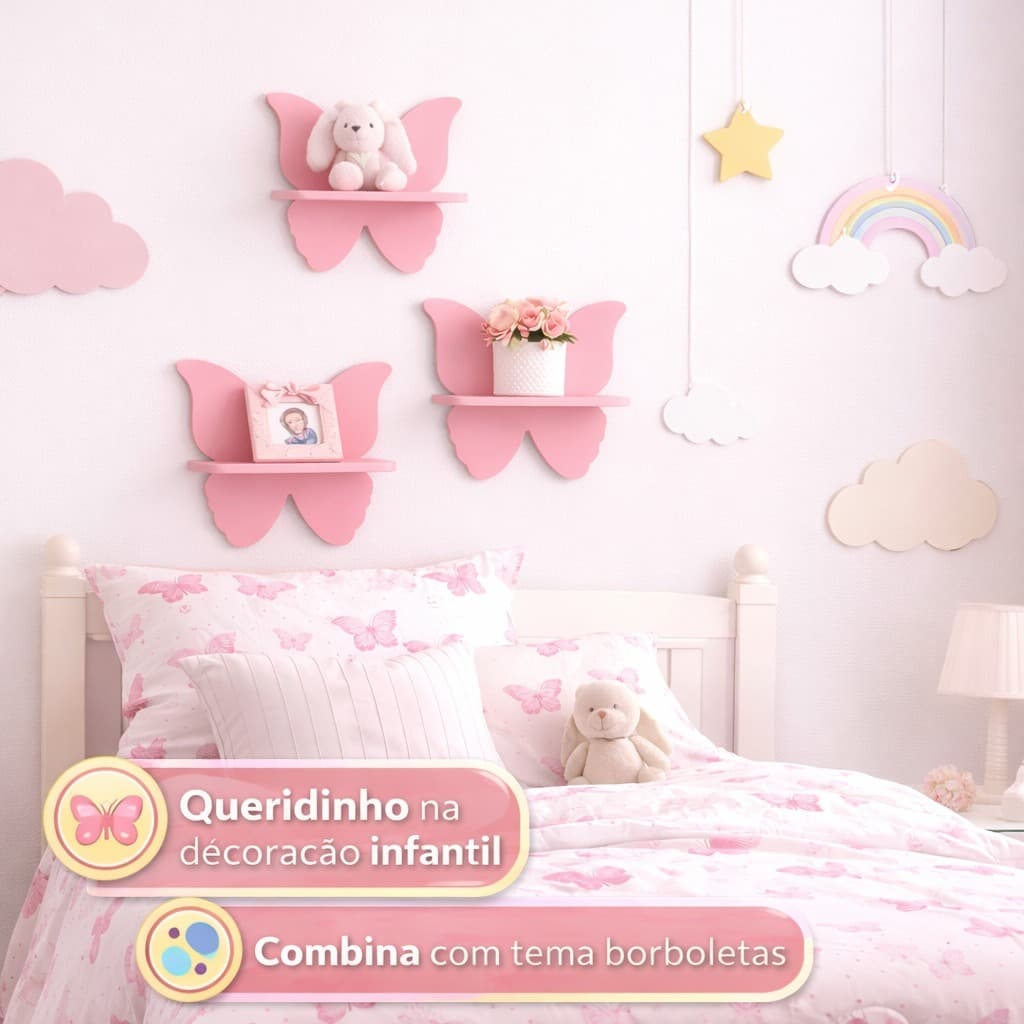 Trio de Prateleiras Modelo Borboleta Jardim Encantado Quarto Feminino