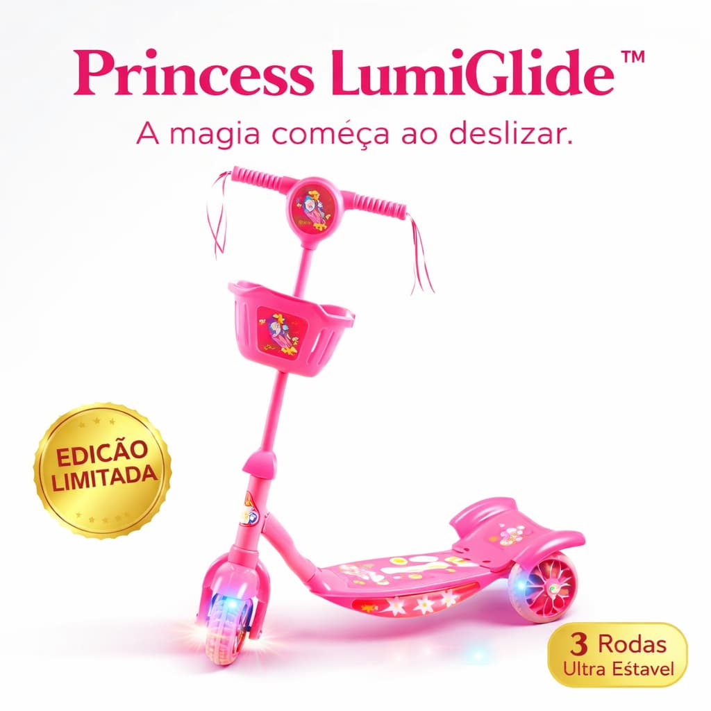 Patinete Infantil Rosa 3 Rodas com Luzes LED e Som – Modelo Princess™