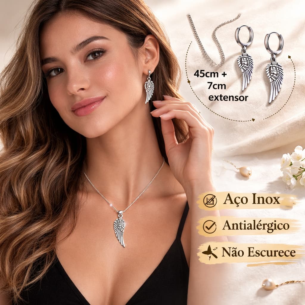 Conjunto Colar e Brinco Asa de Anjo Feminino em Aço Inox Prateado Antialérgico