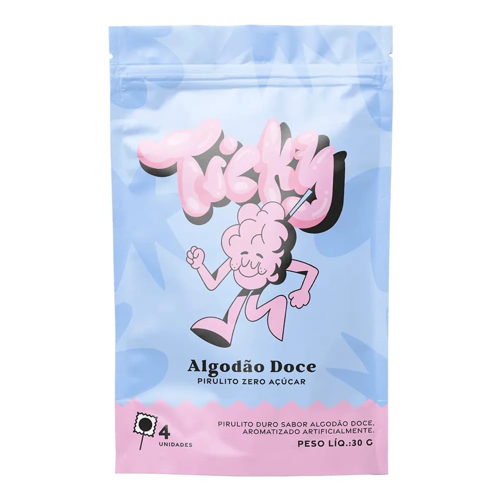 Ticky Pirulito Zero Acucar - Sabor Algodao Doce - Pouch com 4 Unidades