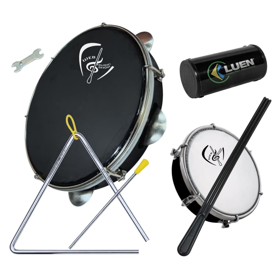 Kit Pandeiro Pele Preta Web Music Profissional+ Tamborim Web MS Baqueta Tripla+ Chocalho10cm+ Triângulo