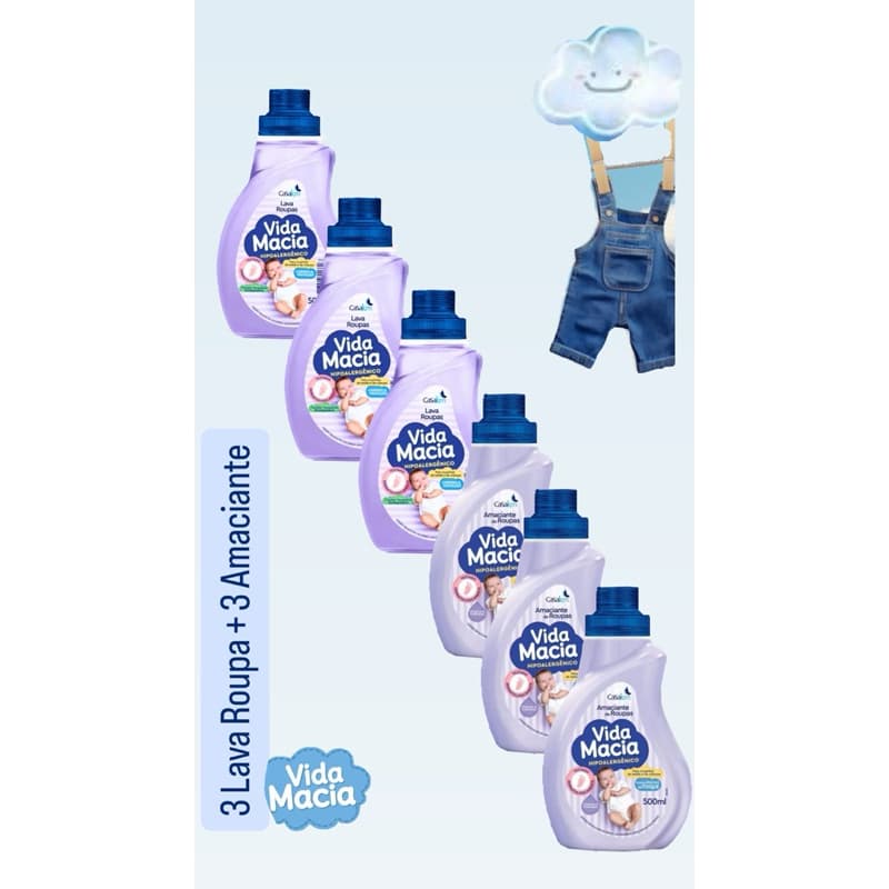 3 Lava roupas Vida Macia 500ml + 3 Amaciante Vida Macia Glicerina&Amendoas 500ml