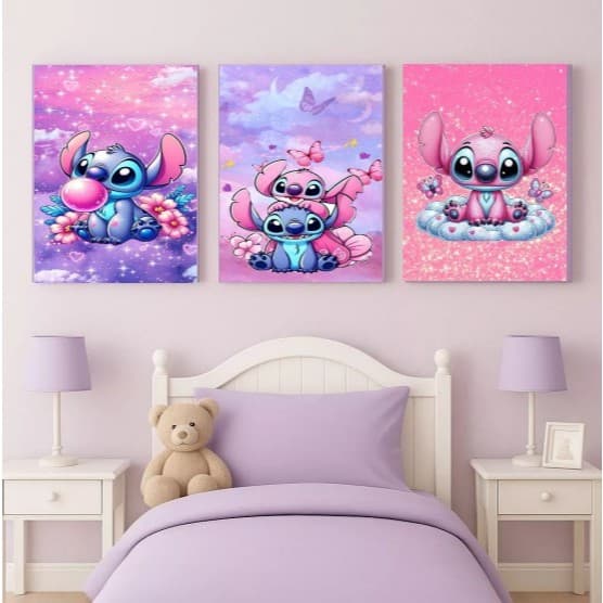 Kit 3 Quadros Stitch e Angel Infantil Decoração Quarto Criança