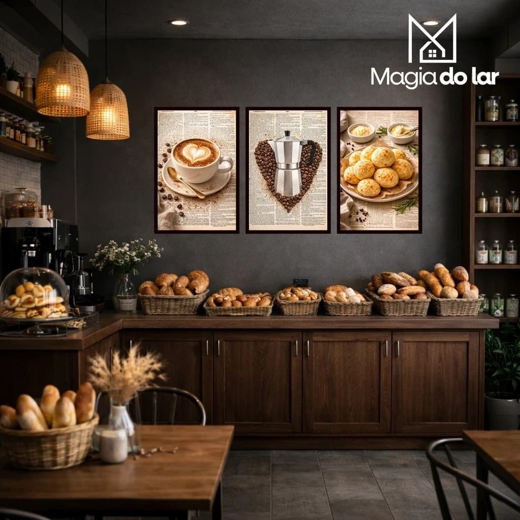 Kit 3 Quadros Decorativo Padaria Café Pão Gourmet Cozinha Retrô Vintage Decoração Parede Padaria Cafeteria Restaurante