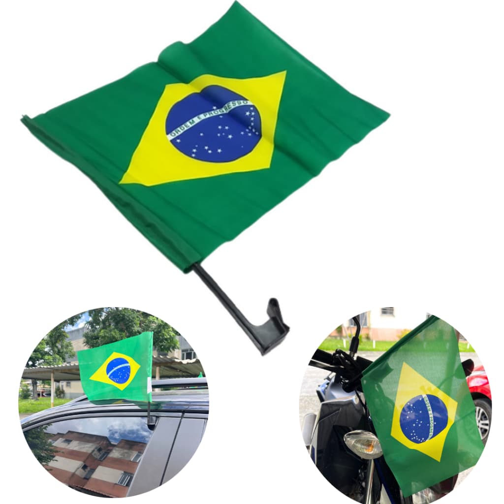 Bandeira Bandeirinha Kit Brasil Suporte Haste Janela Carro Moto 30x20 100% Poliester