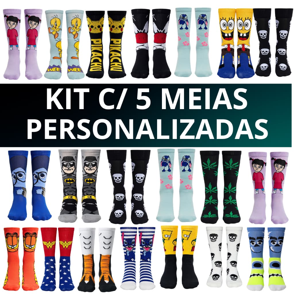 kit com 5 Pares de Meias Masculinas Estampadas, Coloridas, Divertidas e Criativas Com Cano Longo - Crossfit, Casuais