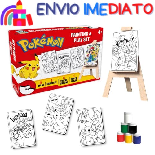 Super Kit Pintura - Pokemon - Criança 4 Telas Cavalete + 6 Tintas - Presente - Infantil - Brinquedo