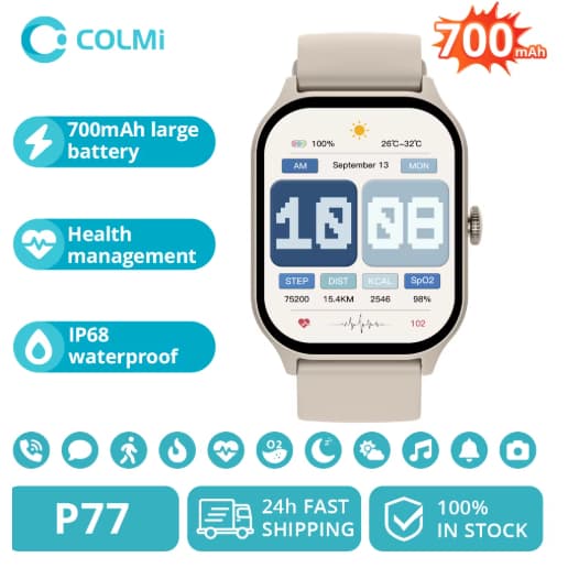 COLMI P77 Smartwatch, bateria de até 11 dias, bateria enorme de 700mAh
