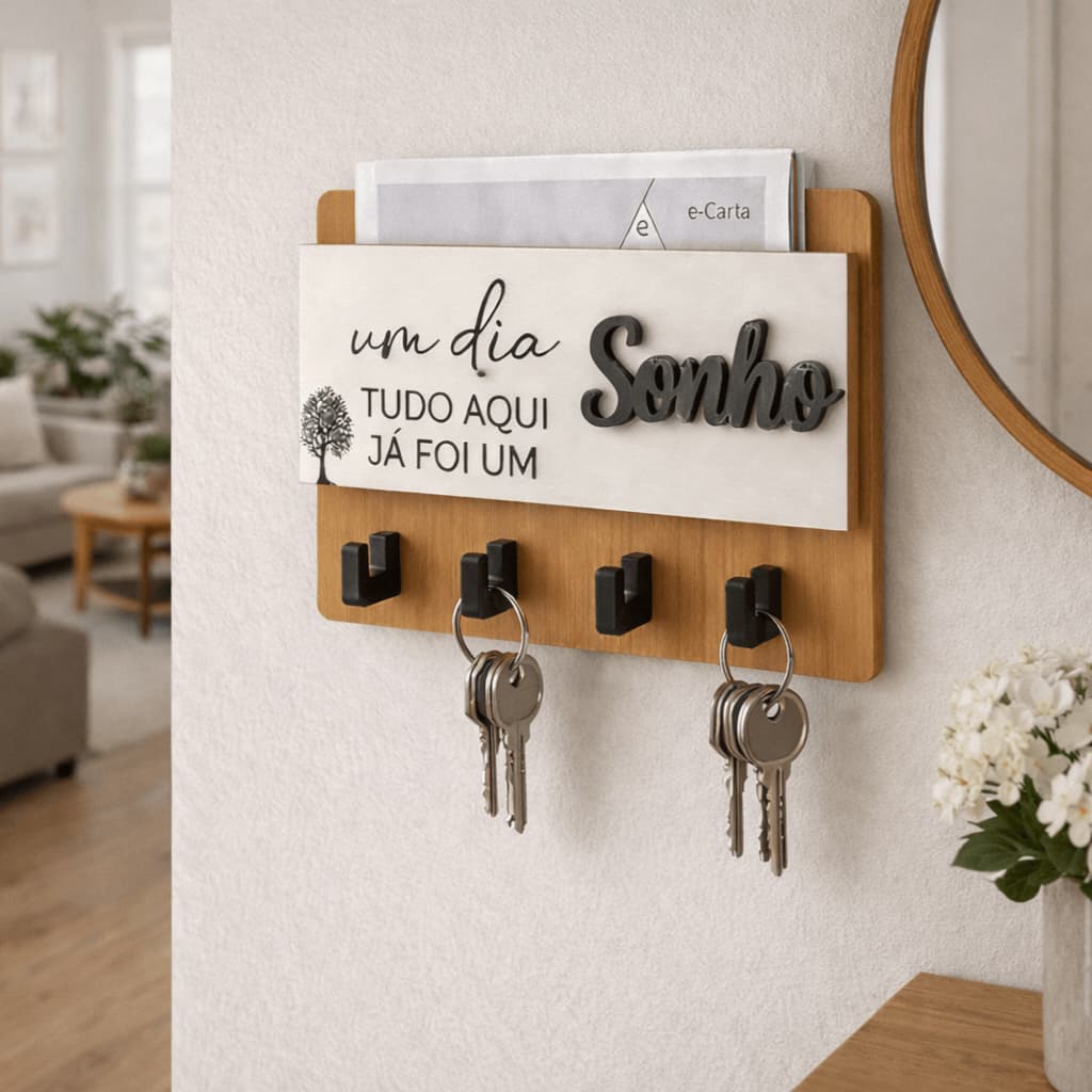 Porta Chaves Decorativo para Parede  com 4 Ganchos + Suporte para Cartas Embutido