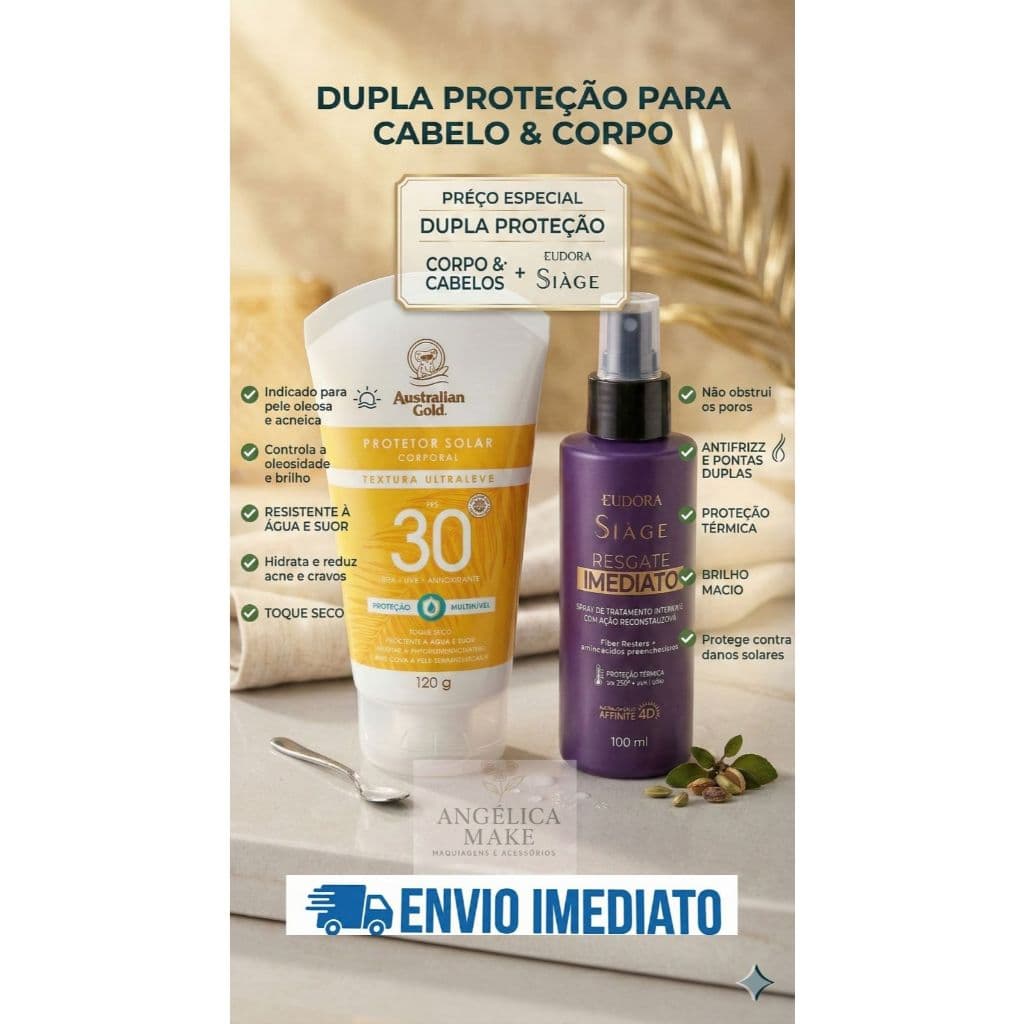 Kit Proteção Solar Corpo e Cabelos FPS 30 Australian Gold + Siàge Resgate Imediato Eudora