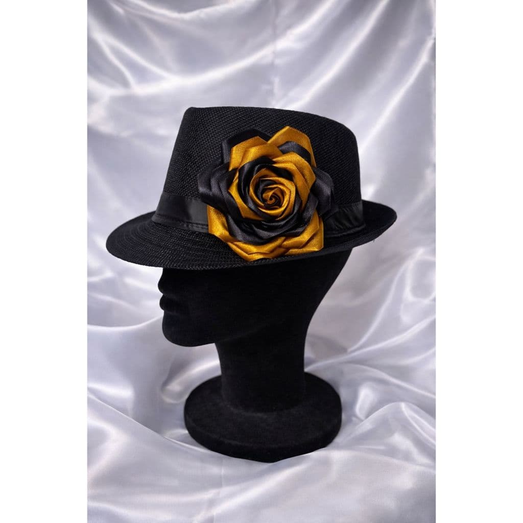 Chapéu Pombogira - Preto com rosa dourada - Modelo panamá para pombagira Dama da noite