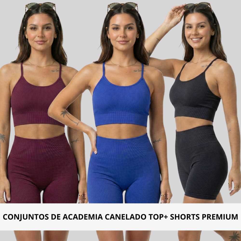 Conjunto Academia Treino Top e Shorts Feminino Fitness Canelado