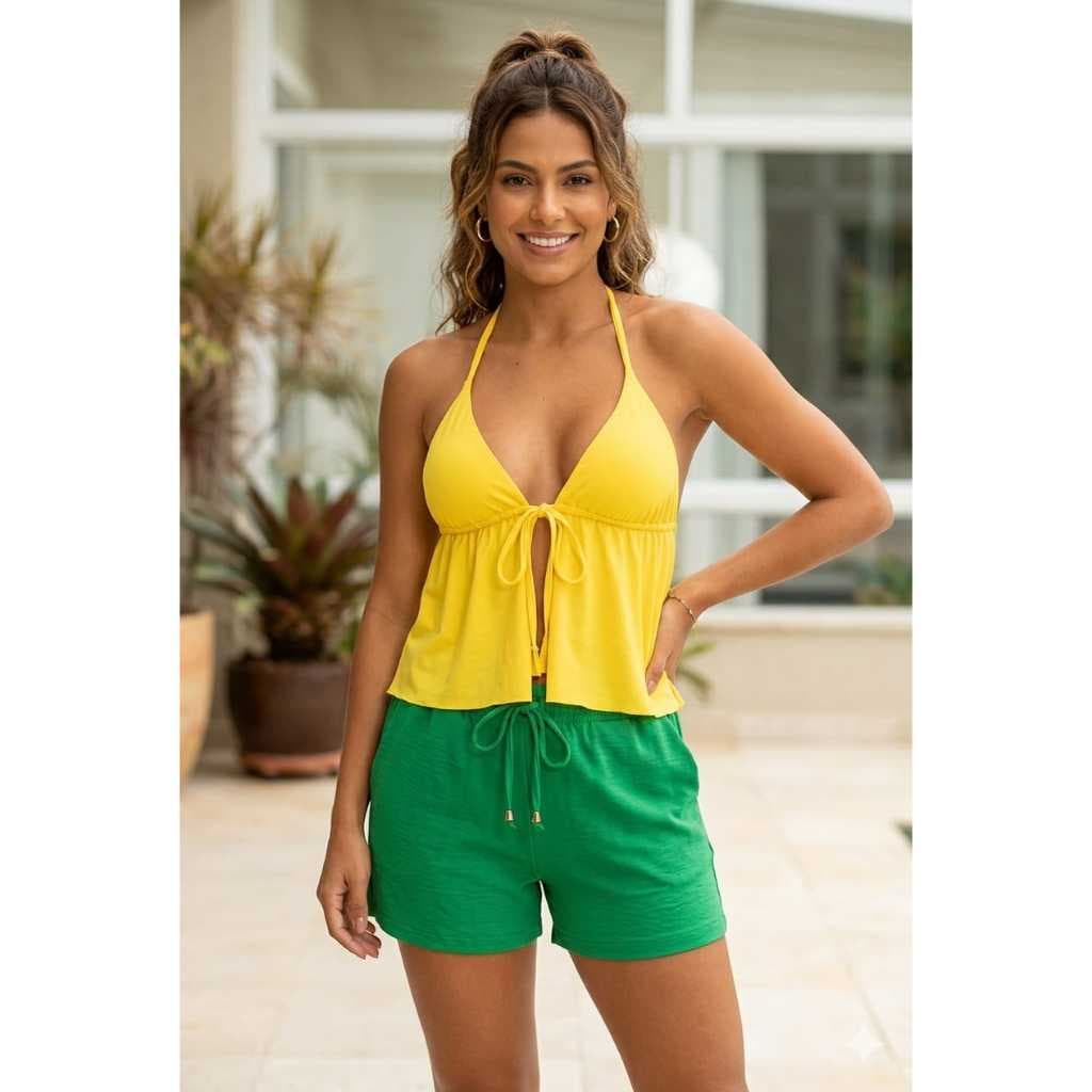 Conjunto Feminino Brazilcore Verão 2 Peças- Cores Bandeira Brasil Top Cropped batinha e Short Casual