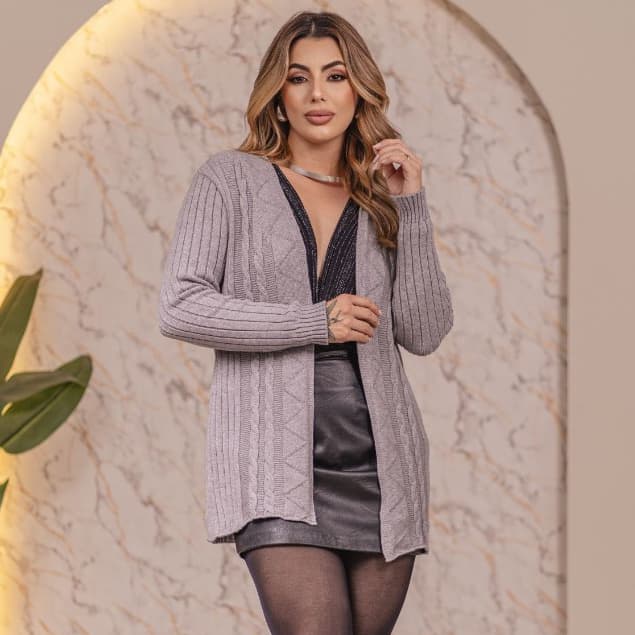 Cardigan Feminino Canelado Tricot Modal Casaco Frio Detalhes Canelados e Tranças