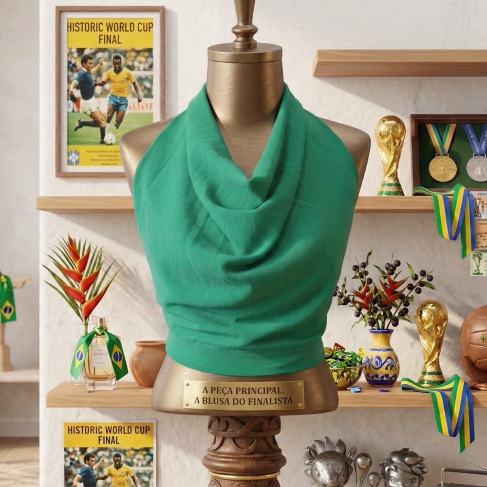 Top Feminino Cropped Copa do Mundo Brasil Frente Única em Crepe gola Degradê e Amarração Ajustável