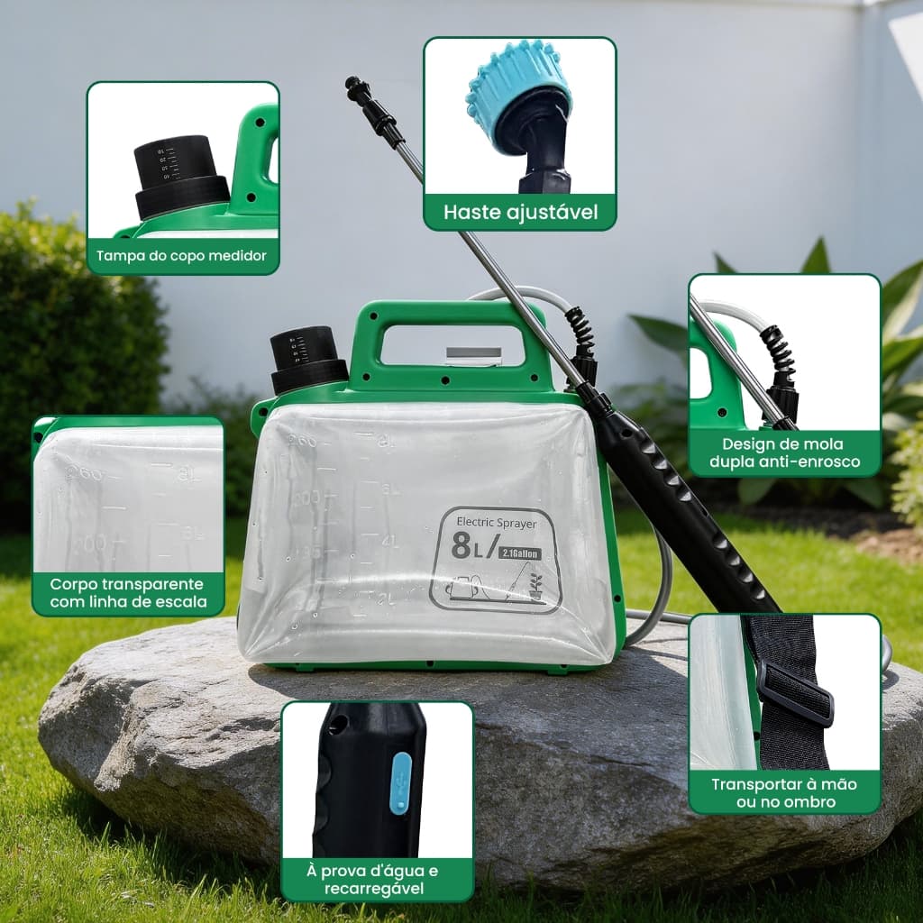 Pulverizador Elétrico 8L Recarregável com 3 Bicos e Autonomia de 3-4h para Jardim e Agricultura