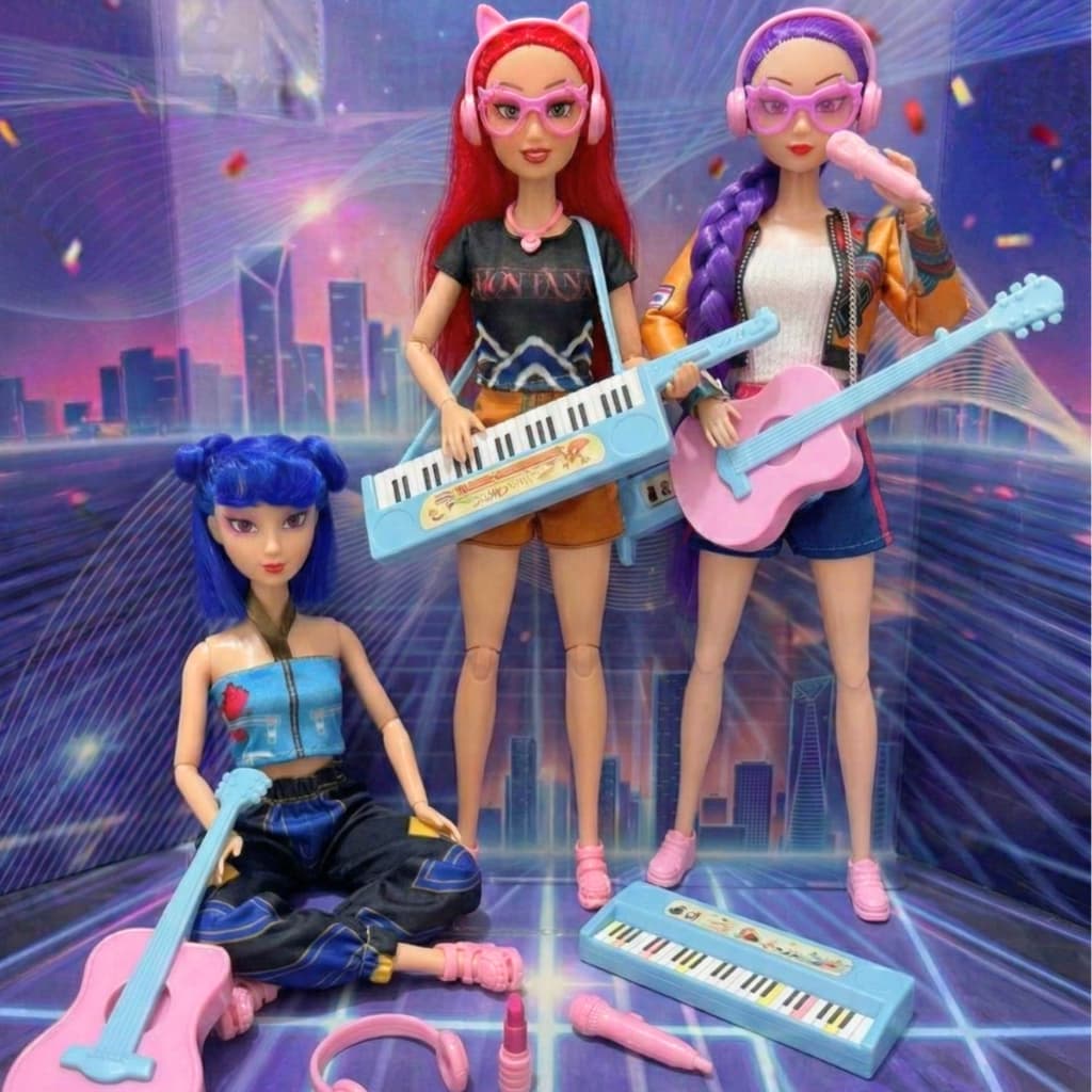 Bonecas guerreiras huntrix k pop Rumi Zoey MIra com acessorios, guitarra piano fone Articuladas