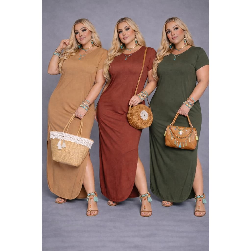 Vestido Saruel Plus Size Basic Feminino Longo Viscolycra Fendas Moda Elegante Verão Confortavel dia das maes