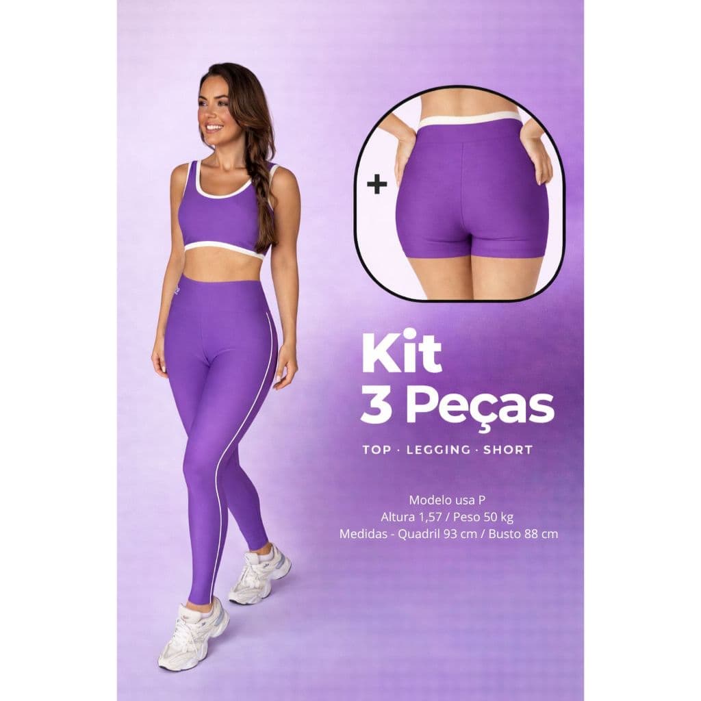 KIT 3 PEÇAS TOP, SHORTS E LEG ROXO cor contrastante