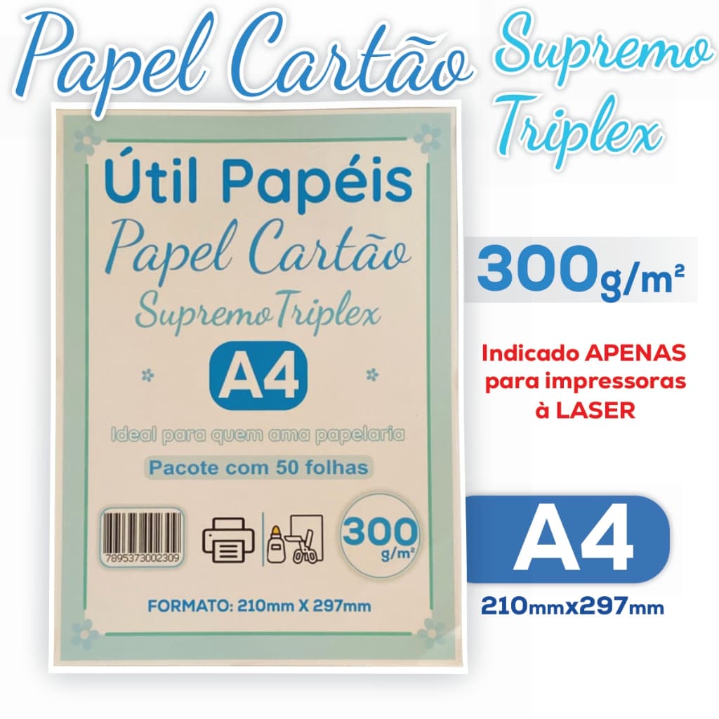 Papel Cartão Supremo Triplex 300g A4 Pacote c/ 50 Folhas 210x297mm Branco liso Gráfica Profissional