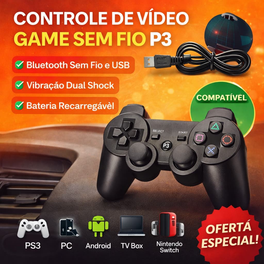 Controle Sem Fio PS3 DualShock P3 Wireless Controller Bluetooth Recarregável Compatível PS3 PC Android TV Box
