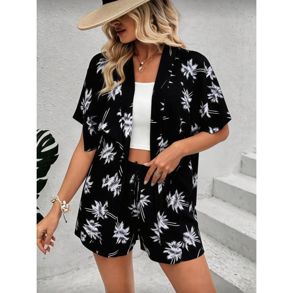 Impressão Total Ombro Caído Quimonos & Amarração Frontal Shorts  M G GG
