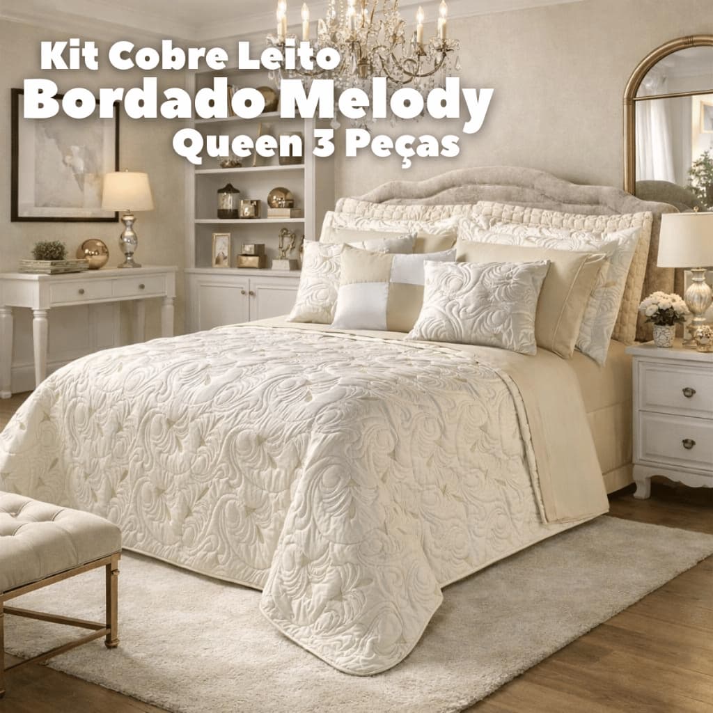 Kit Cobre Leito Queen 3 Peças Bordado Luxo Colcha Cama Casal Elegante Macio 2,60x2,50